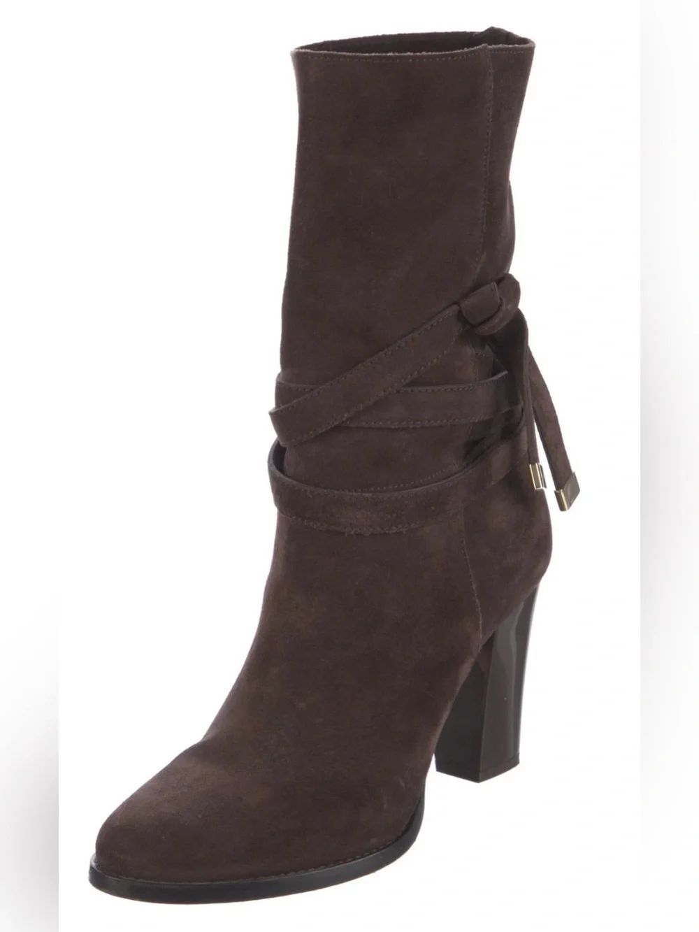 Jimmy Choo Dark Brown Suede Mid-Calf Wrapped-Strap Heeled Boot